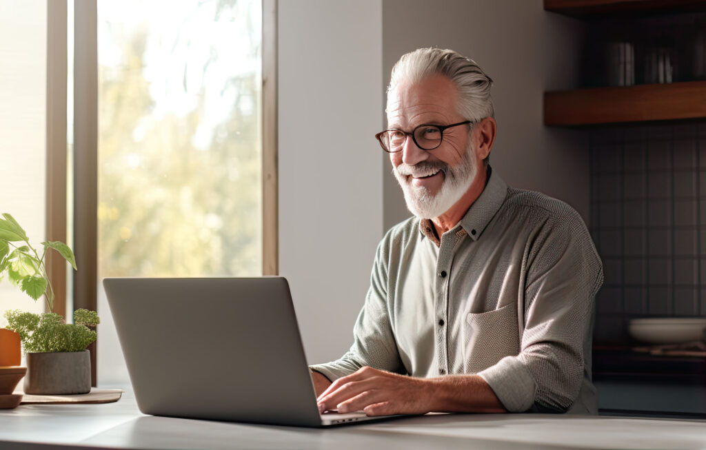 Elderly man in kitchen using laptop working online or browsing